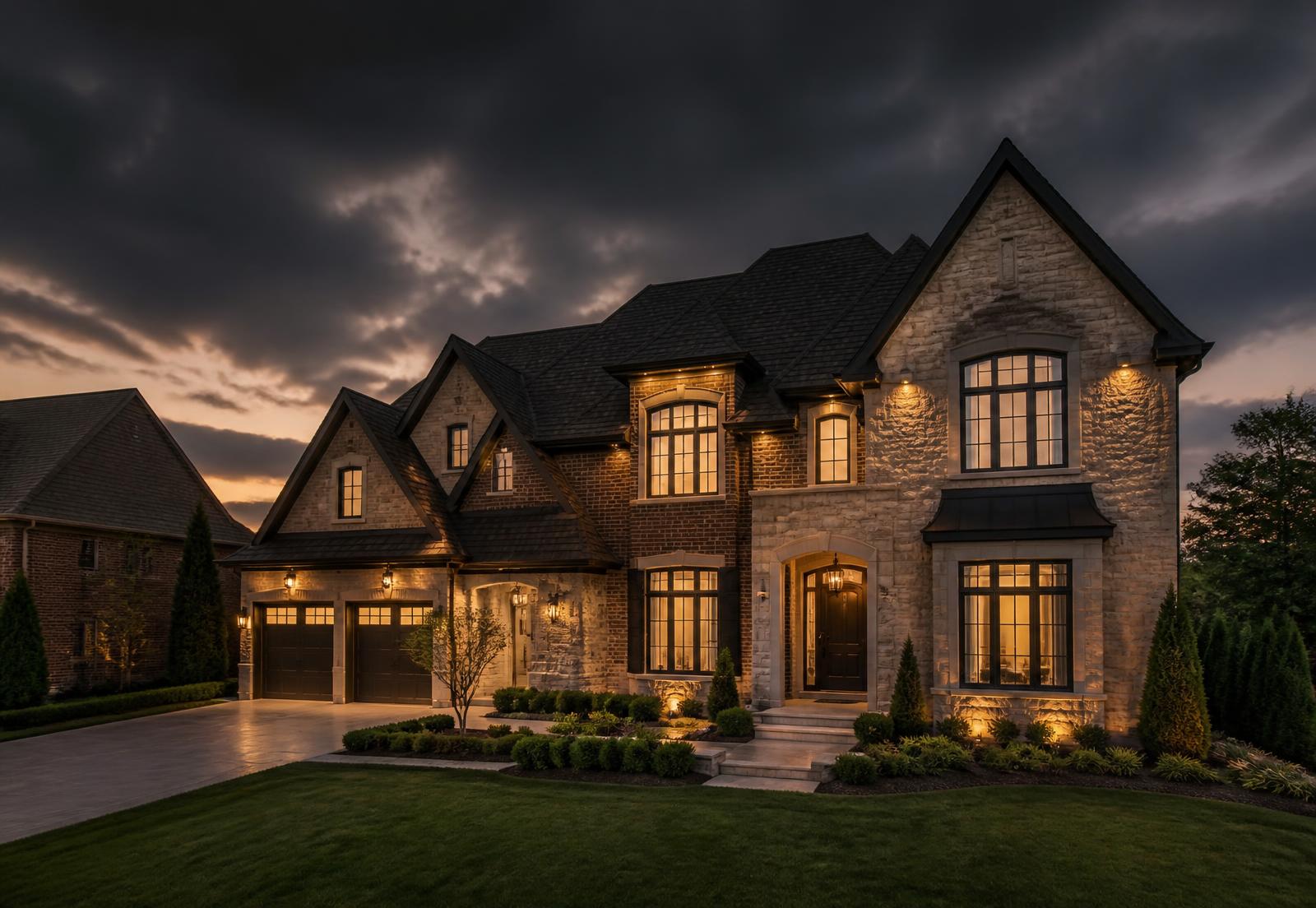 Evening exterior of a stone and brick home in Ontario