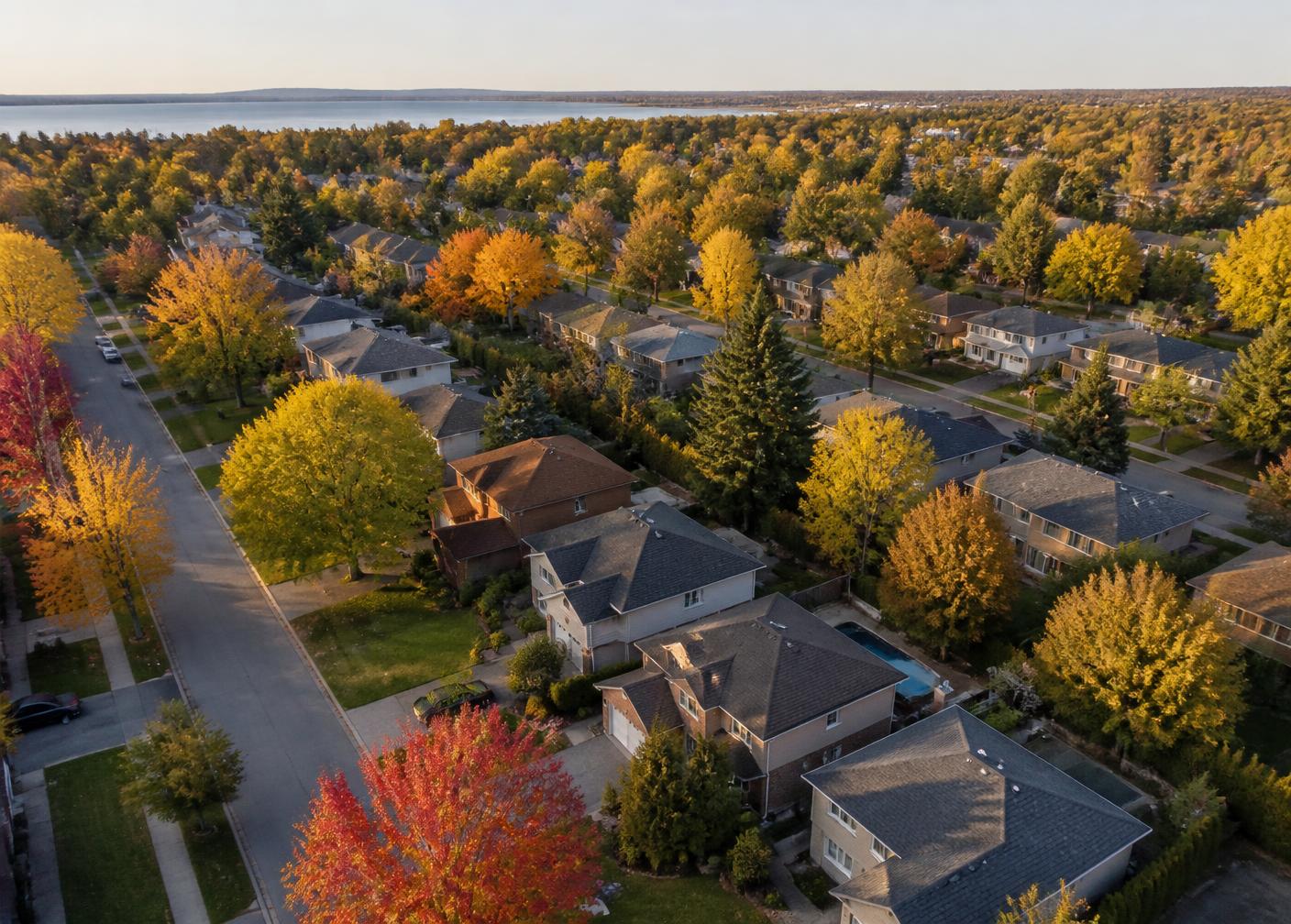 Aerial view of an Ontario suburban neighbourhood in autumn
